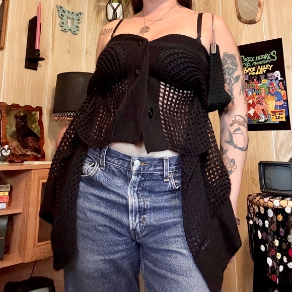 Black Knit Mesh Button Up Wrap 2000s - Picture 2 of 7